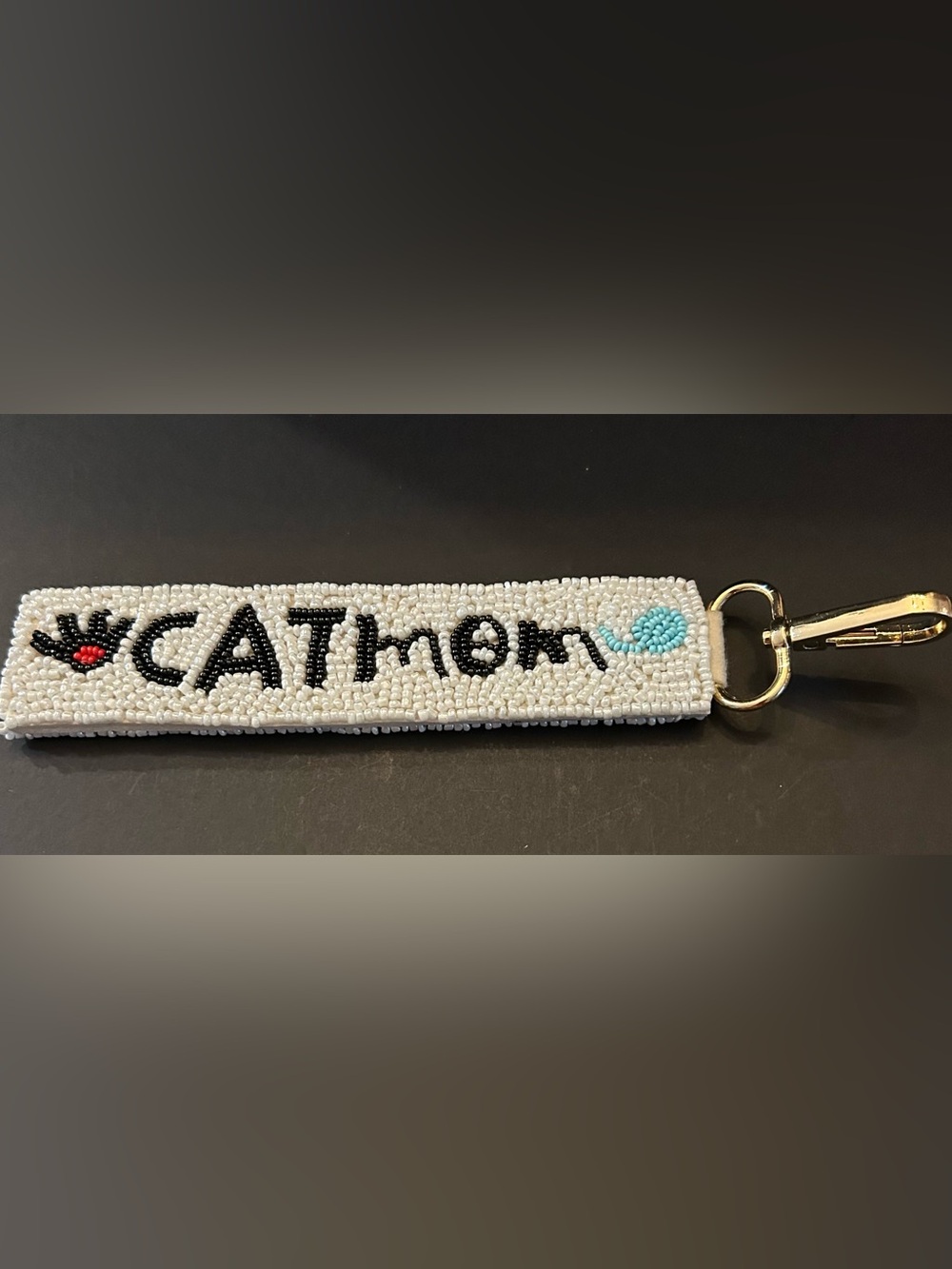 Handmade Comfy Beaded 'CATmom' Wristlet Bag Charm – White, Black, Red & Blue